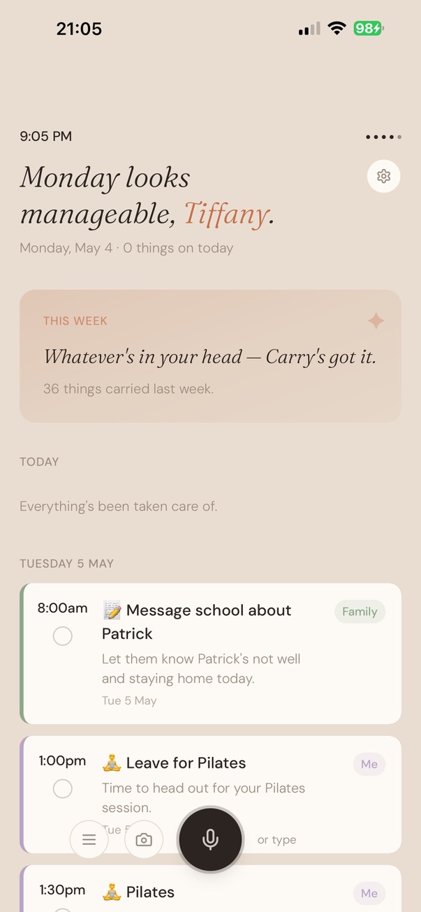 Carry app home screen