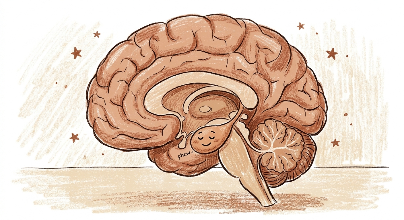 Illustrated cross-section of a brain showing a smiling amygdala labelled phew, representing the calming effect of naming emotions