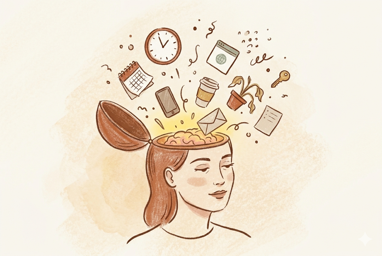 Editorial illustration of an open mind with objects floating out, representing cognitive offloading and mental load.