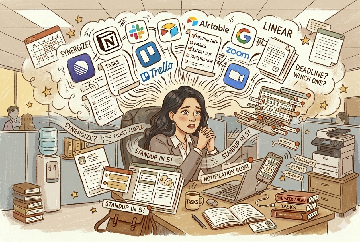 Editorial illustration of a woman overwhelmed at her desk, surrounded by productivity app logos, notifications, and work chaos