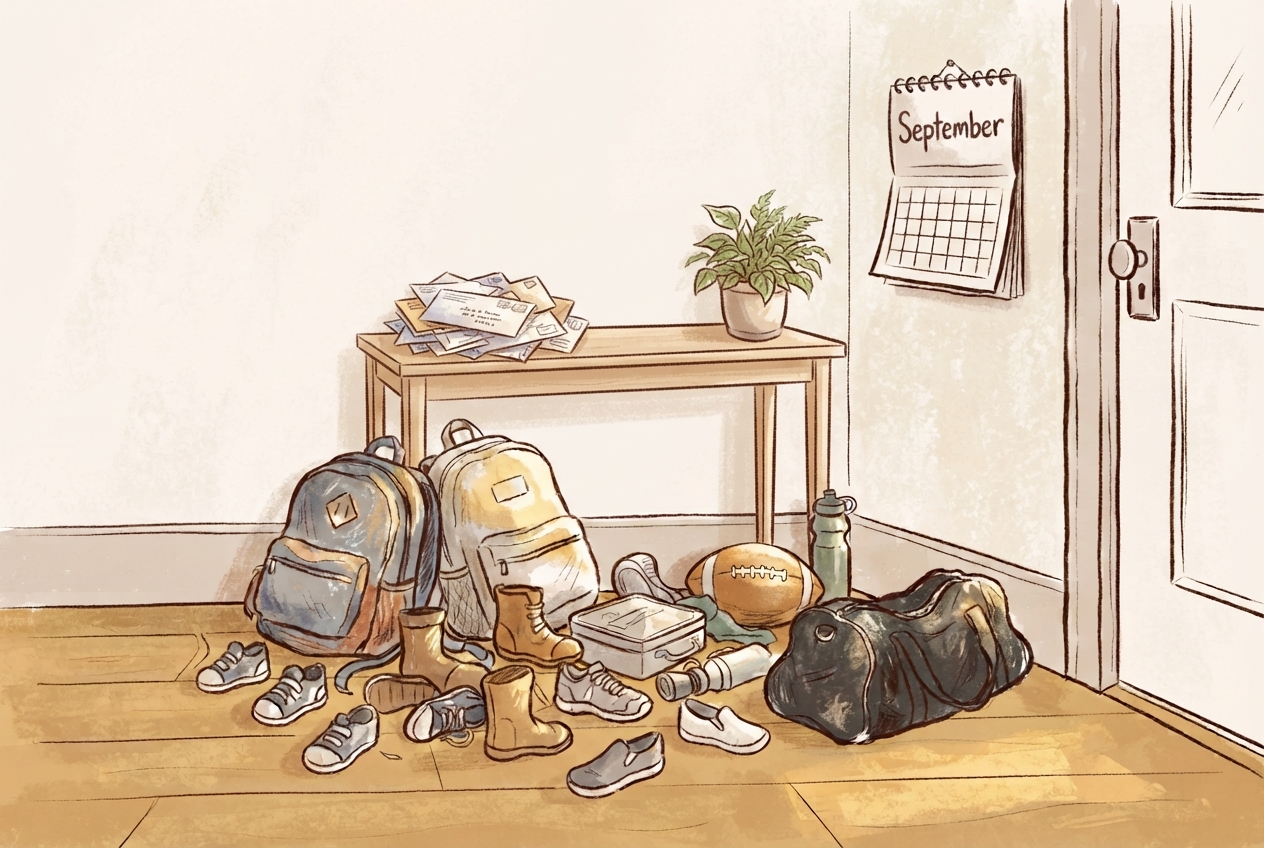 Editorial illustration of three mothers during September back-to-school season