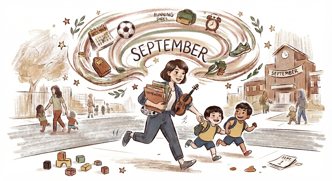 Editorial illustration of a mother running with homework and a violin, two children following behind, with a thought bubble above showing September and all the things that come with it