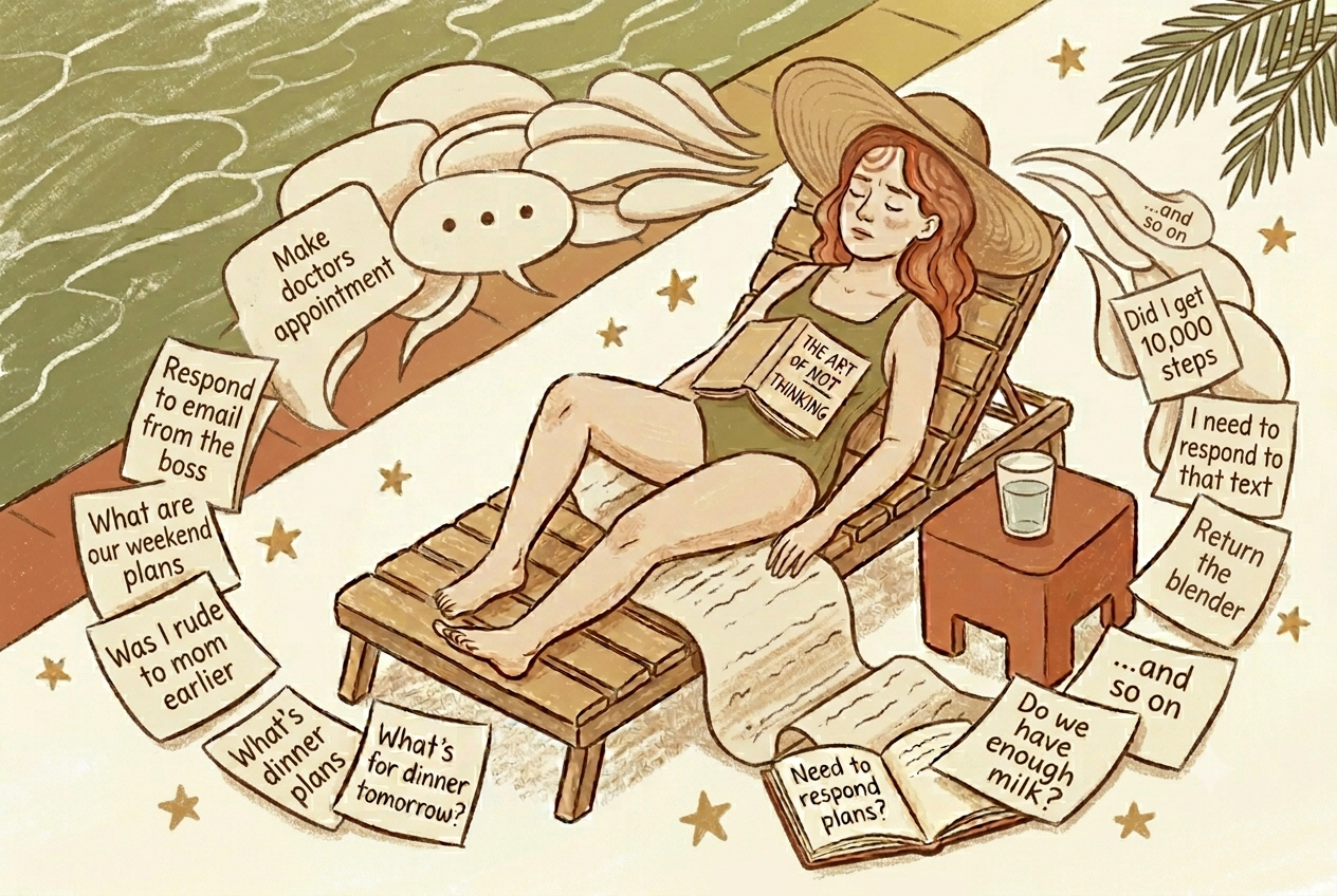 Editorial illustration of a woman lying on a sun lounger holding a book called The Art of Not Thinking, surrounded by floating thought bubbles and reminder notes