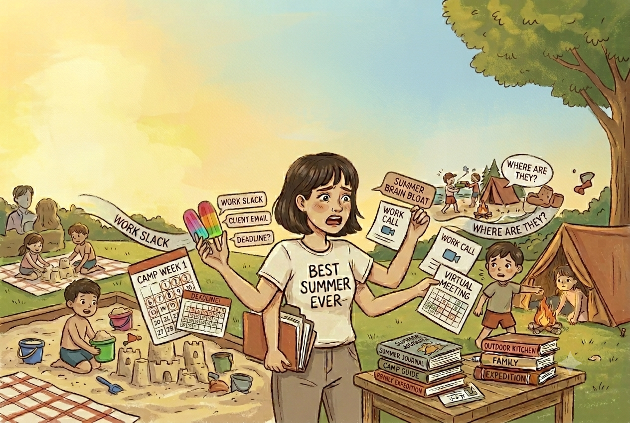 Editorial illustration of a woman in a summer garden overwhelmed by work notifications, camp schedules and children, wearing a t-shirt that says Best Summer Ever