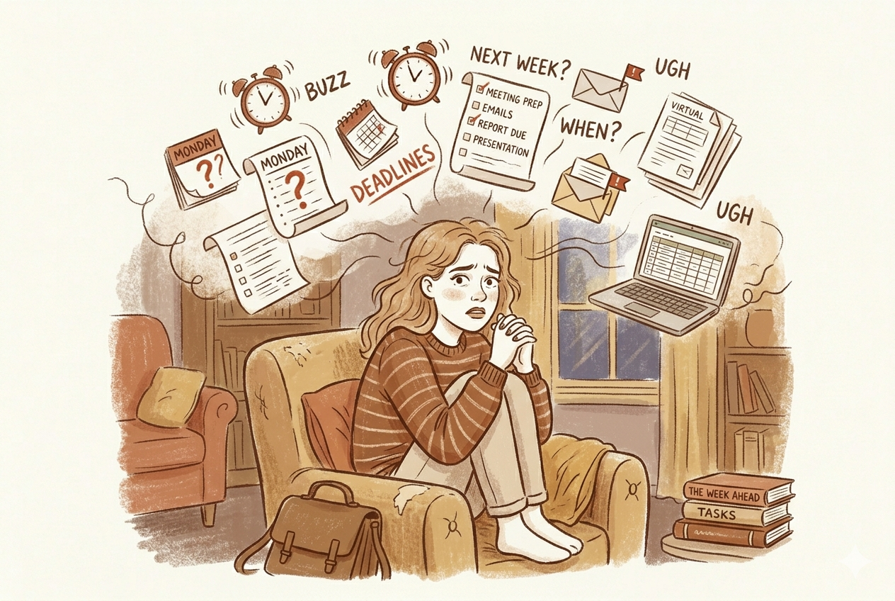 Editorial illustration of a woman sitting in an armchair with work tasks and Monday deadlines swirling anxiously above her head