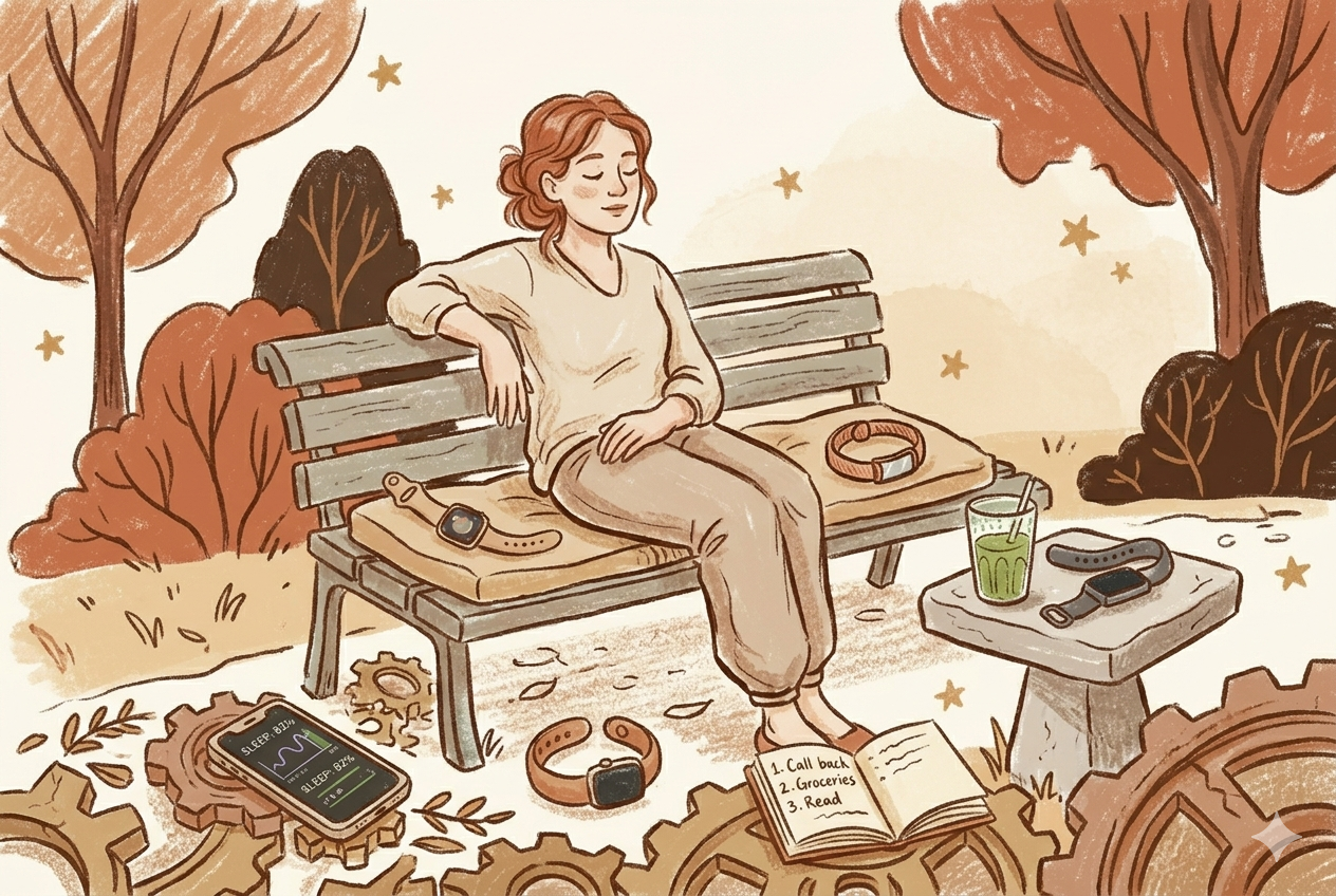 Editorial illustration of a woman sitting peacefully on a park bench surrounded by discarded fitness trackers, wearables and optimisation tools