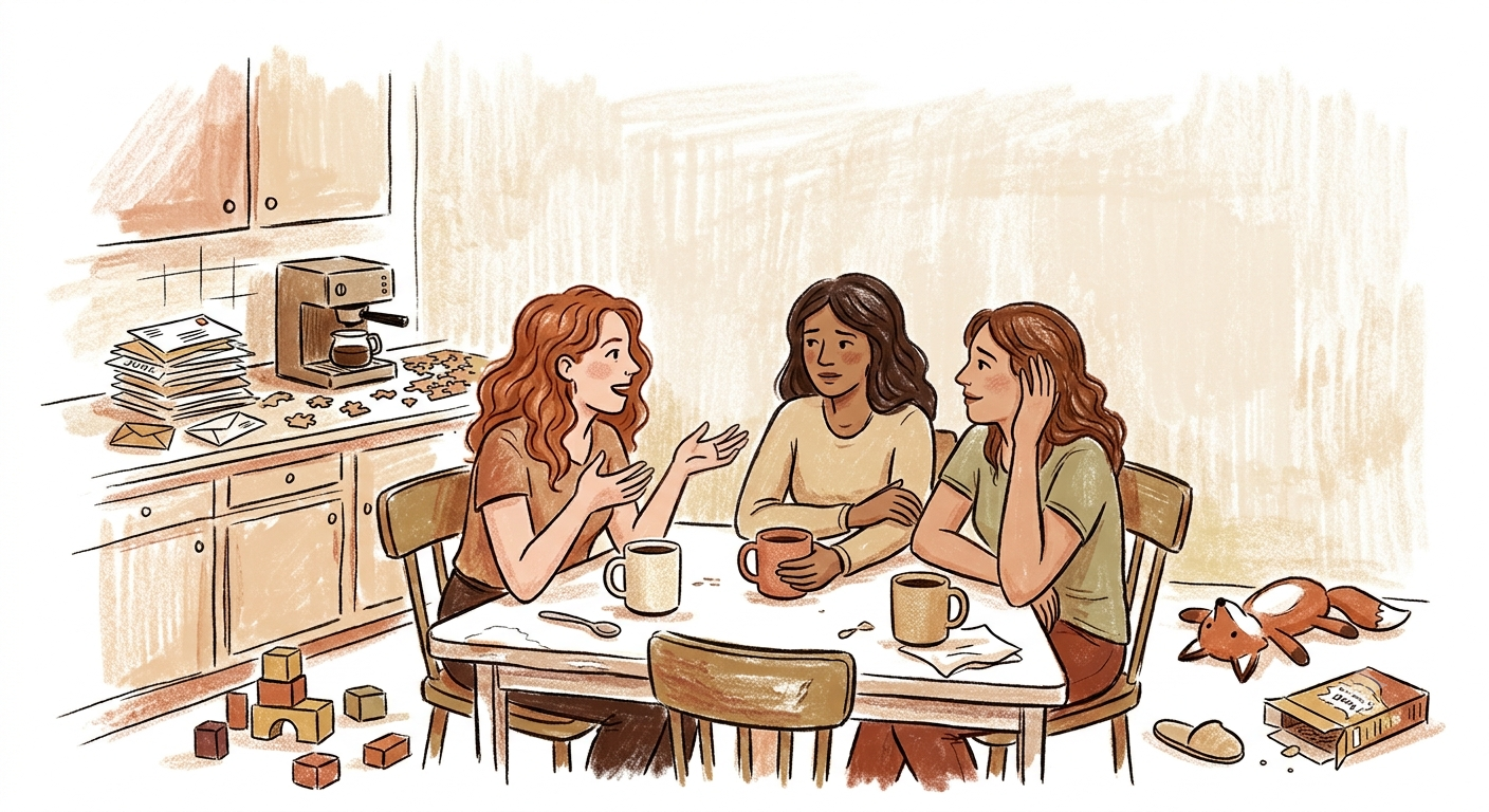 Editorial illustration of three women talking and venting around a kitchen table with coffee mugs, in a warm illustrated style