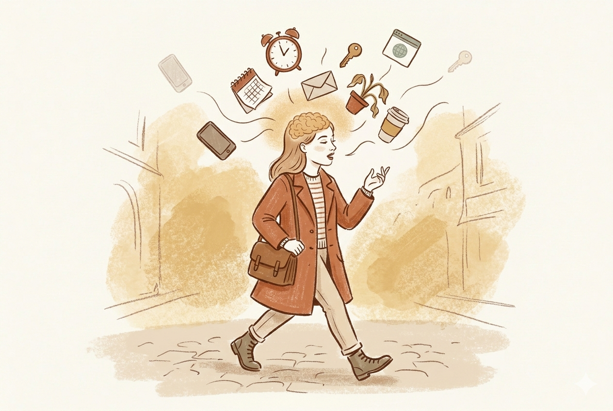 Editorial illustration of a woman walking mid-stride, mouth open speaking, with illustrated objects floating from her head representing captured thoughts