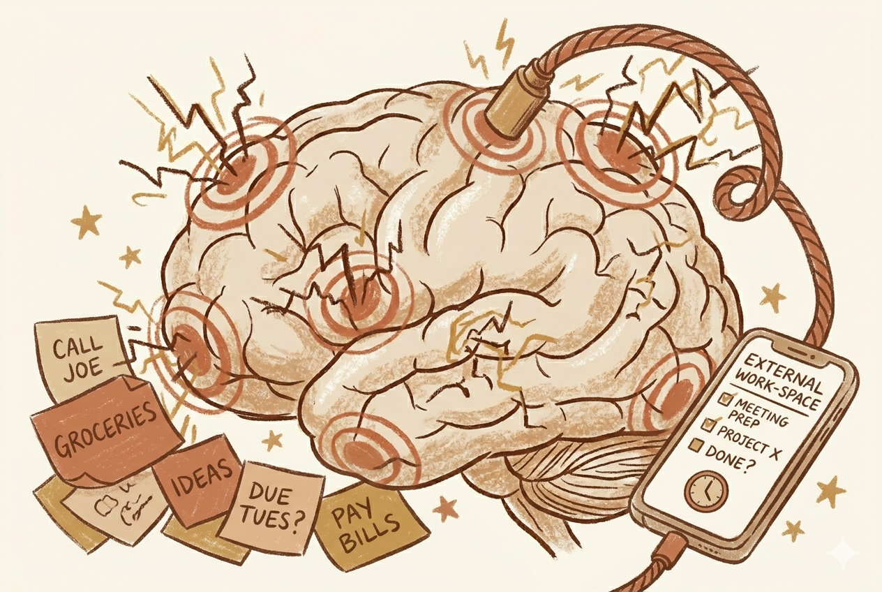 Editorial illustration of an overloaded brain covered in sticky notes and lightning bolts, connected by a cable to a phone showing an external workspace checklist